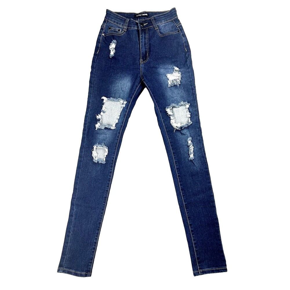 Fashion Nova Womens 3/4 Distressed Skinny Jeans Blue High Rise Y2K Baddie Edgy